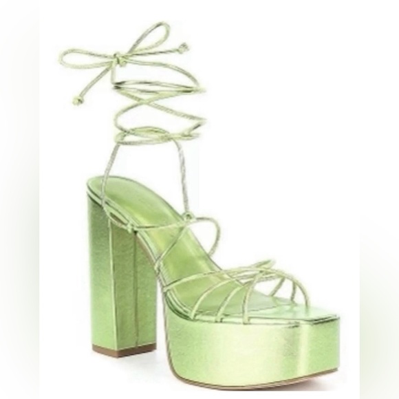 Gianni Bini Ankle Wrap Leather Strappy Metallic Green Women’s Platform Sandals - Picture 2 of 12